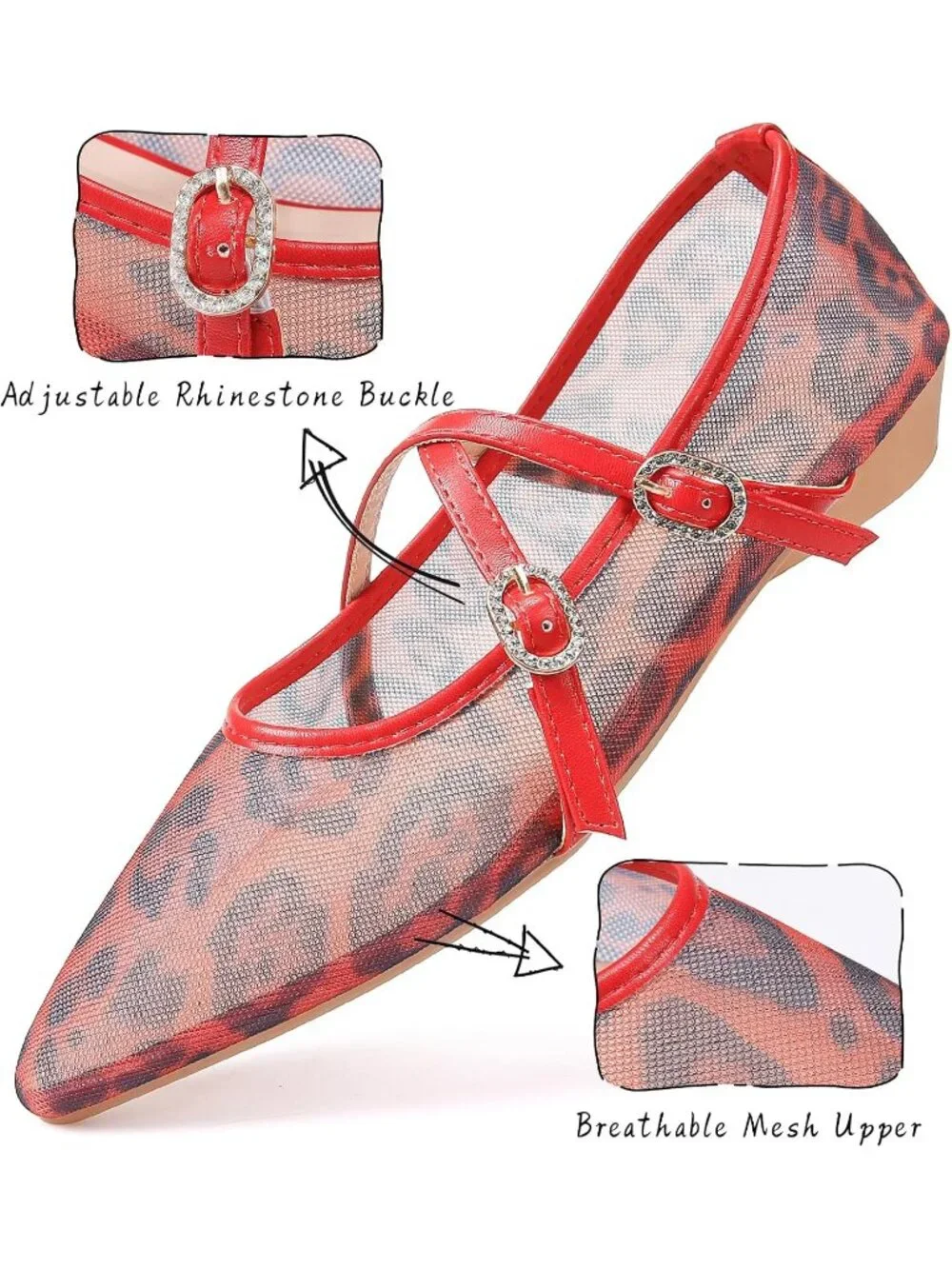 Women's Red Leopard Mesh Flats Cross Ankle Strap Flat Slip On Comfortable